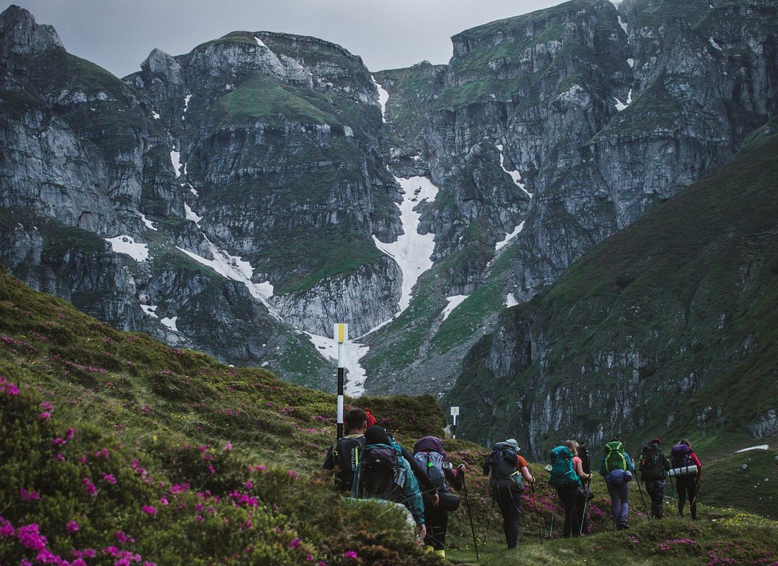 Bucegi Massif ridge trek Romania Carpathians hikers rhododendrons cliffs
