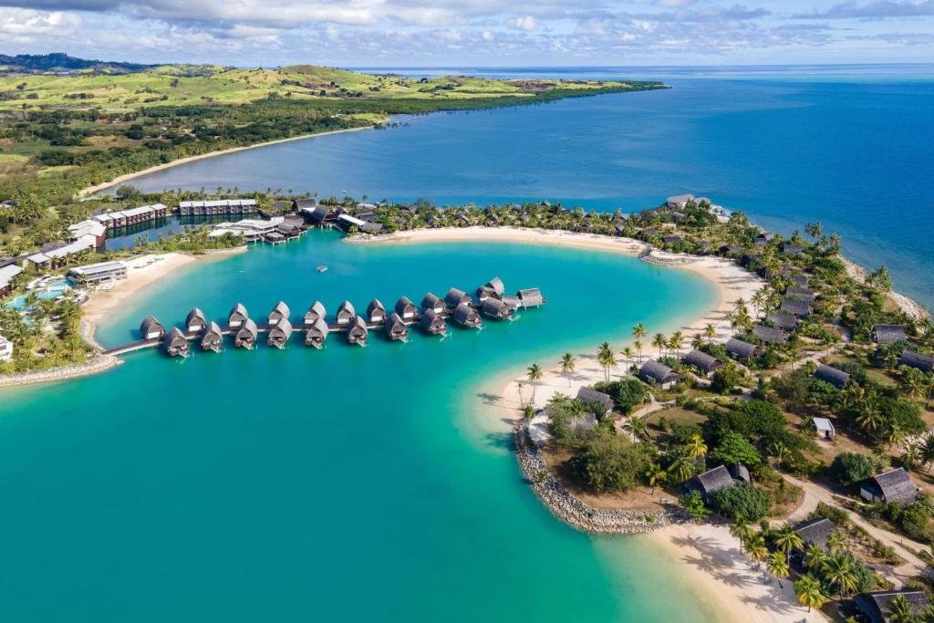 Fiji Marriott Momi Bay overwater bungalow lagoon aerial