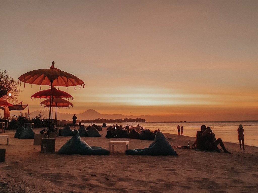 Beachfront sunset bar Gili Meno Bali Indonesia beanbags