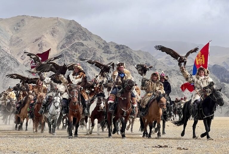 Golden Eagle Festival Mongolia Kazakh hunters on horseback Altai Mountains