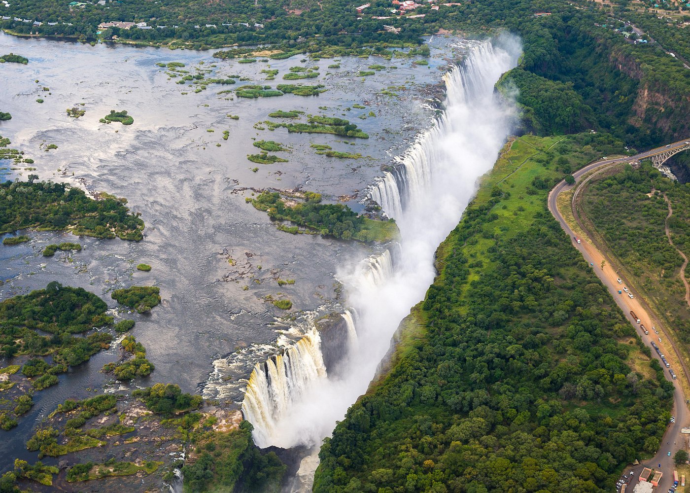 Helicopter flight over Victoria Falls aerial view Zambia