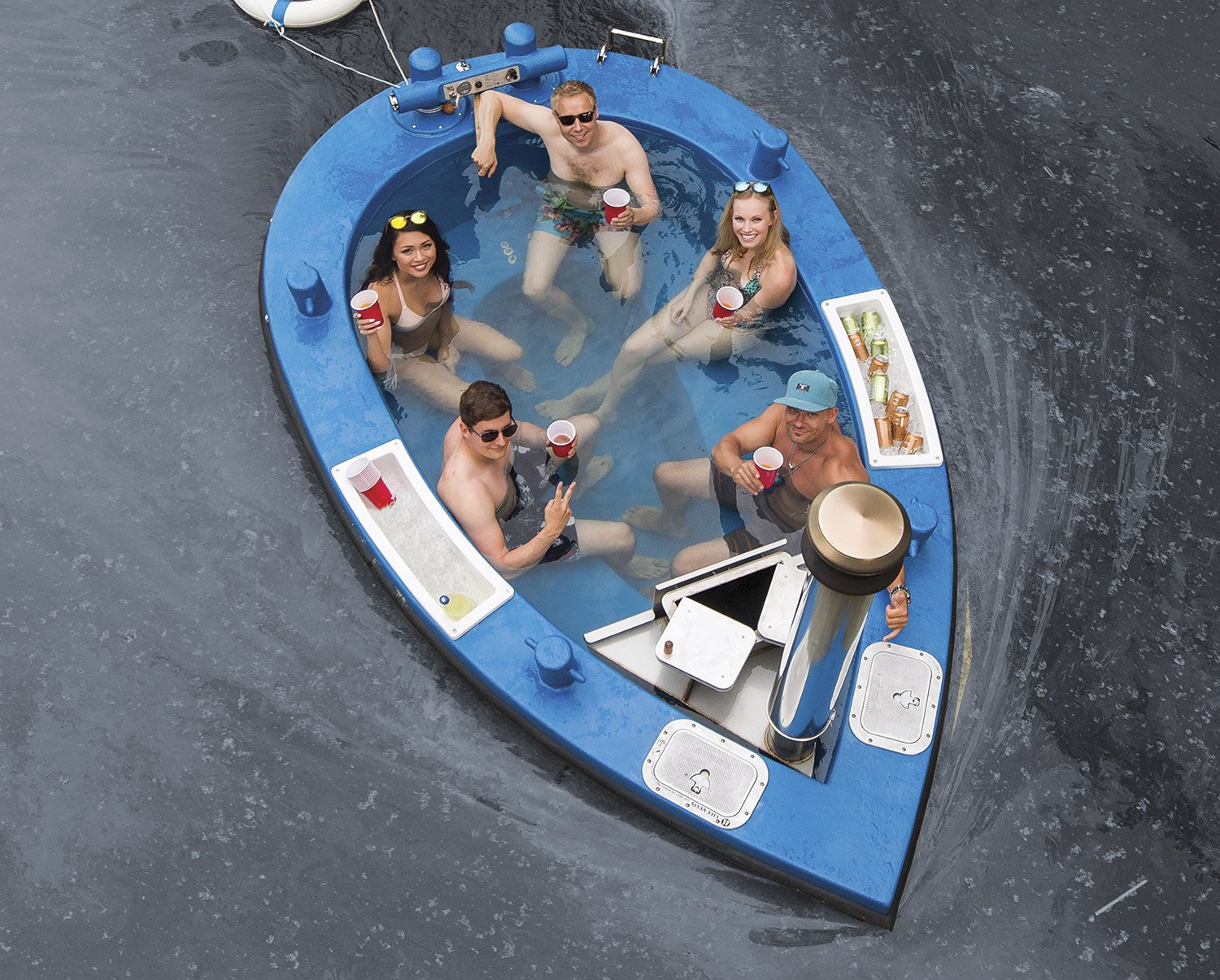 HotTug hot tub boat Amsterdam canals aerial view group friends soaking