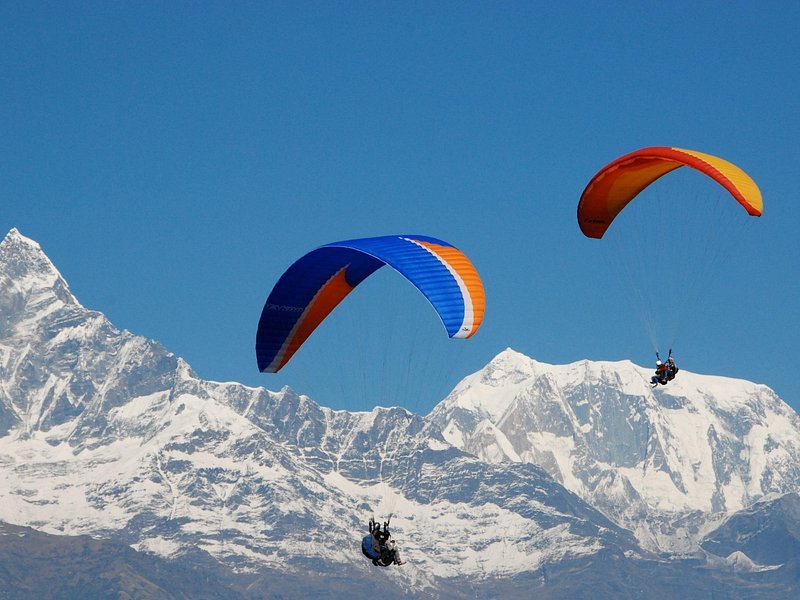 Paragliding Pokhara Nepal Annapurna range Phewa Lake aerial view