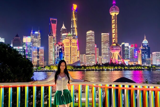 Shanghai skyline night Bund Pudong Oriental Pearl Tower illuminated